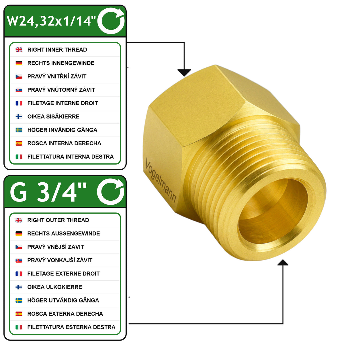 Adaptateur W24.32 x1/14 (Femelle) vers G 3/4 (Mâle)