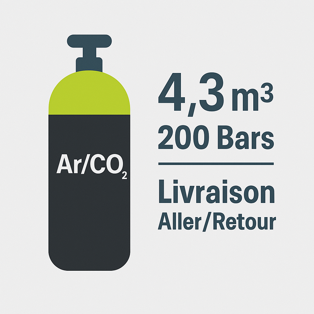 Recharge Gaz ARGON / CO₂ – 15 % – 4,3 m³ – 200 BARS – Taille B20 – Livraisons A/R incluses