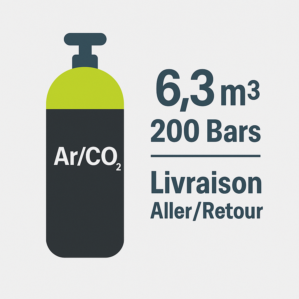 Recharge Gaz ARGON / CO₂ – 15 % – 6,3 m³ – 200 BARS – Taille B30
