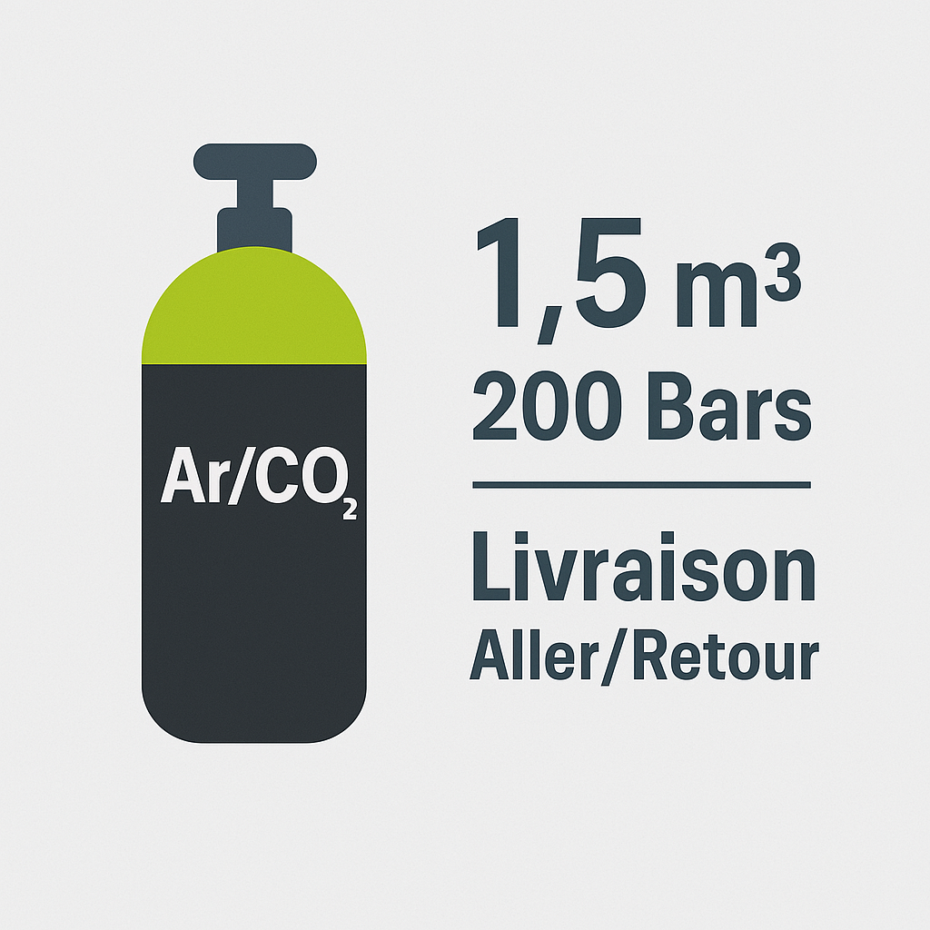 Recharge Gaz ARGON / CO₂ – 15 % – 1,5 m³ – 200 BARS – Taille B8