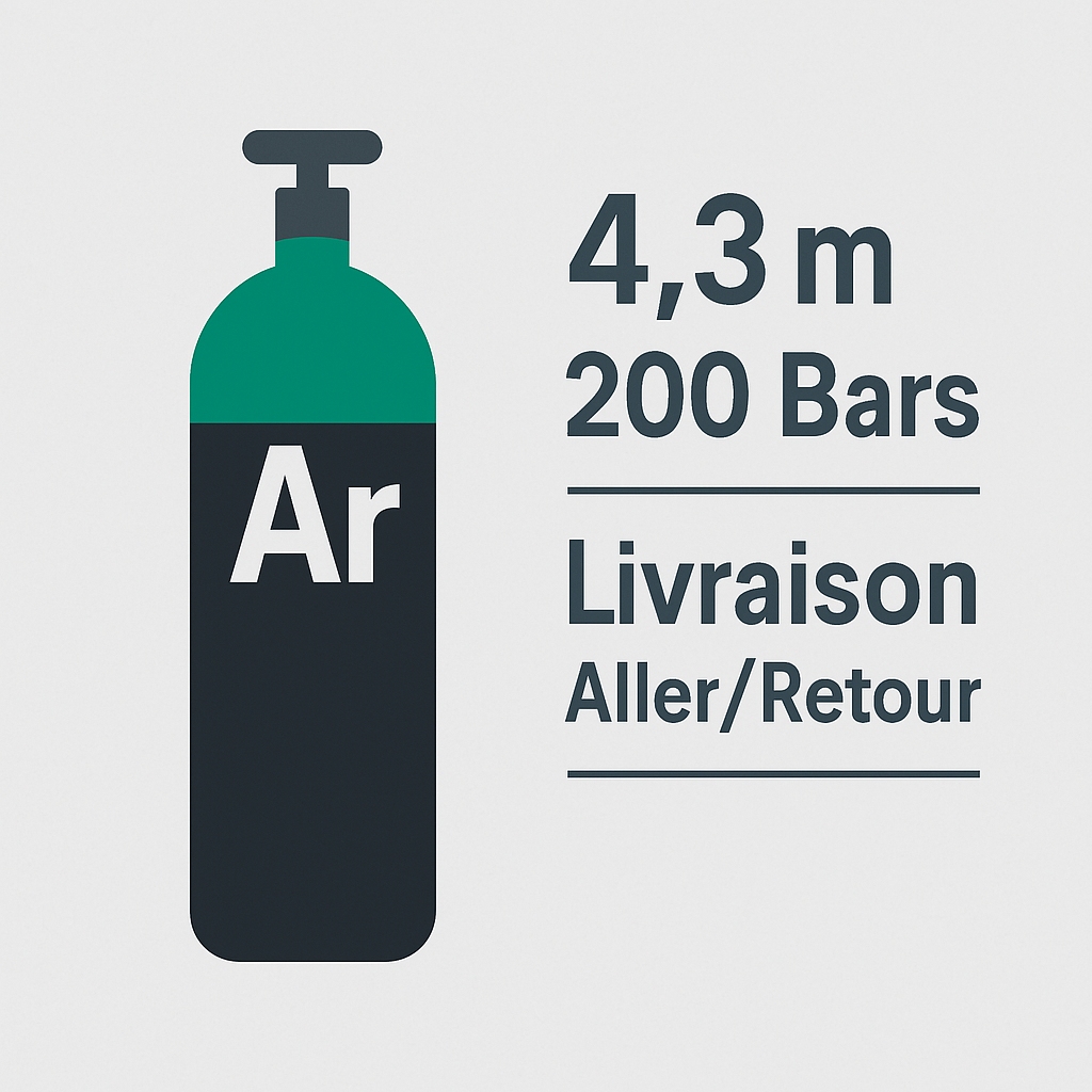 Recharge Bouteille Argon B20 – 4,3 m³ – 200 Bars – Livraison Aller/Retour Incluse