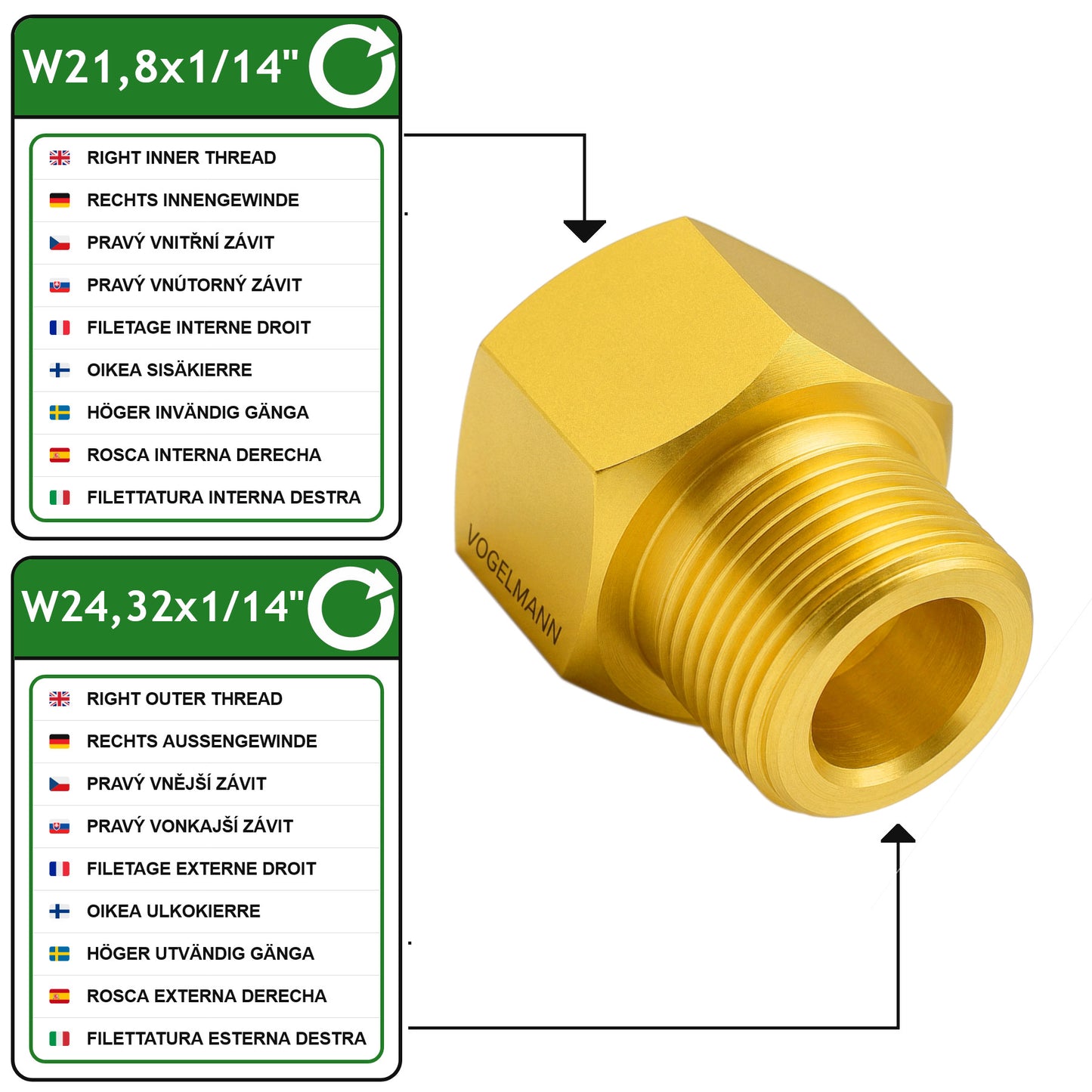 Adaptateur w21.8x1/14 (femelle)vers  w24.32x1/14 (male)