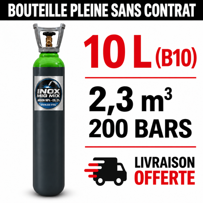 Bouteille Gaz de soudure pleine  Argon/CO2 (2% de CO2 pour soudure INOX) Sans Contrat B10 2,3m³ - Rechargeable Livraison Offerte