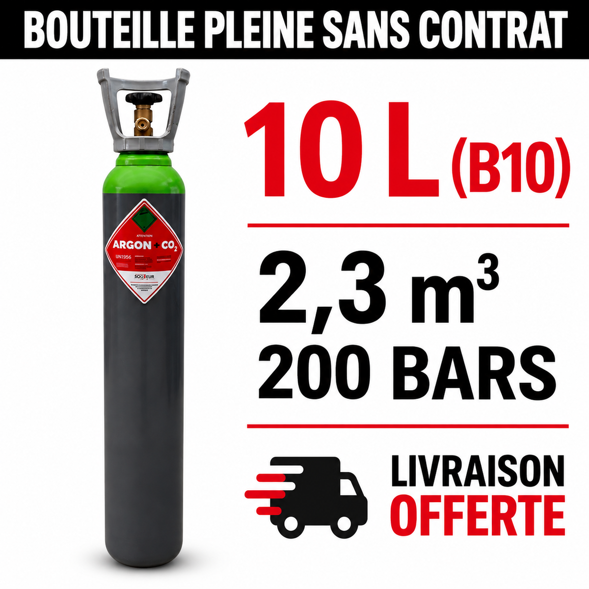 Bouteille Gaz de soudure pleine  Argon CO2 Sans Contrat B10, 2,3m³ - Rechargeable Livraison Offerte
