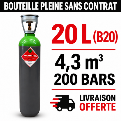 Bouteille Gaz de soudure pleine Argon CO2 Sans Contrat B20 4,3m³ - Rechargeable Livraison Offerte
