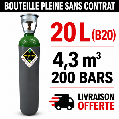 Bouteille Gaz de soudure pleine  Argon Sans Contrat B20 4,3m³ - Rechargeable Livraison Offerte