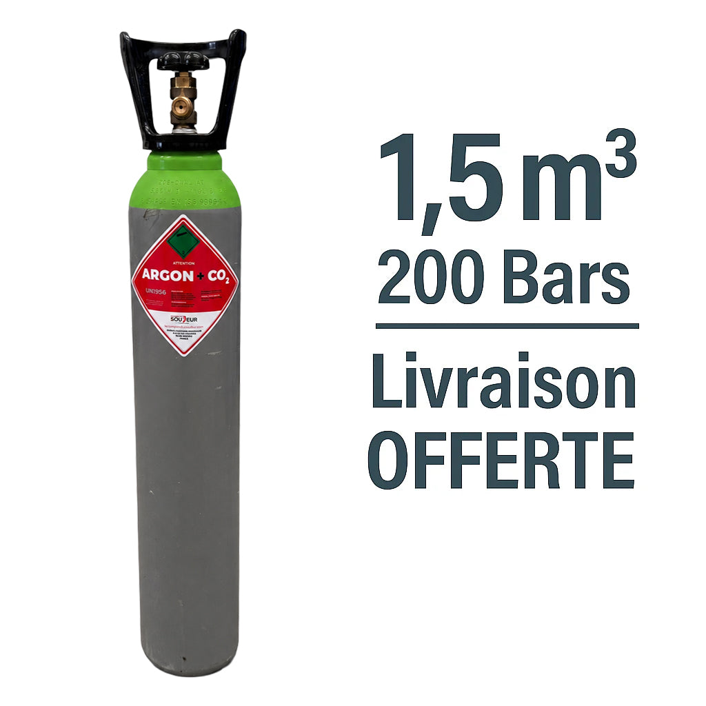 Bouteille Gaz de soudure Argon CO2 Sans Contrat B08, 1.5m³ - Rechargeable Livraison Offerte - Le Comptoir du Soudeur