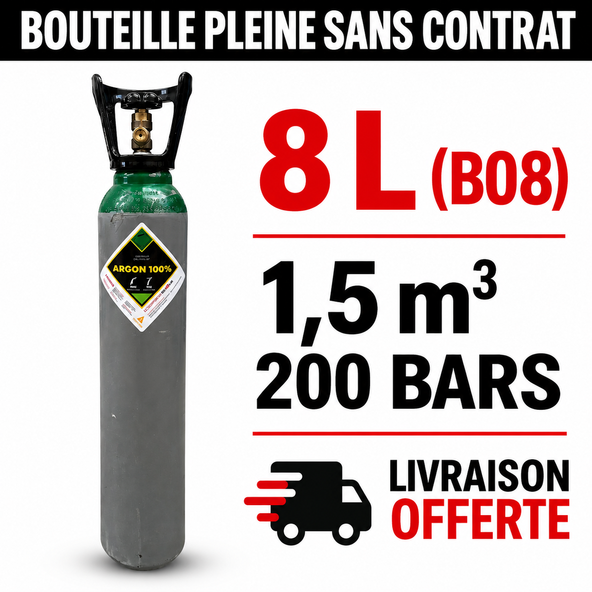 Bouteille Gaz de soudure pleine Argon Sans Contrat B08, 1,5m³- Soudure TIG & MIG ALU - Rechargeable Livraison Offerte