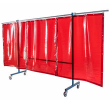 Écran mobile d'atelier 3 volets avec 3 rideaux orange suspendus - DIN EN ISO 25980 - Le kit - Le Comptoir du Soudeur