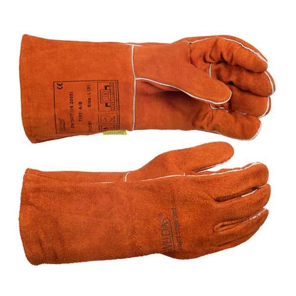 Gants de soudage oranges en cuir croûte bovin