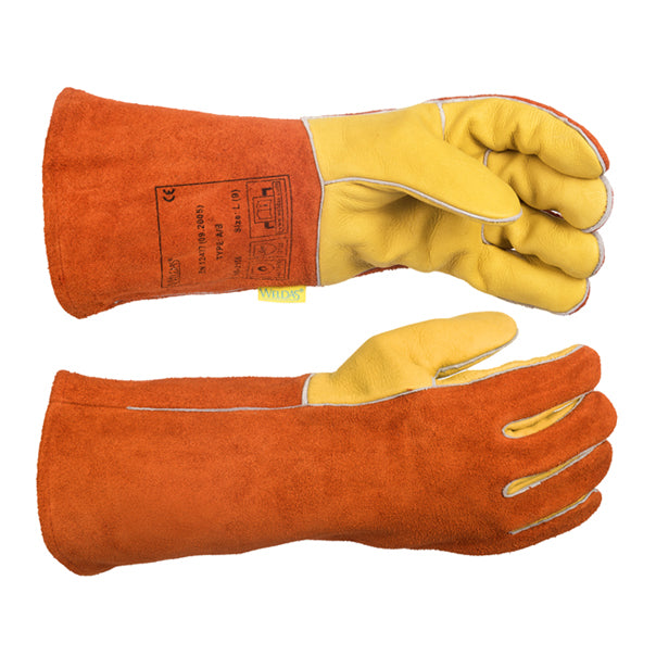 Gants de soudage oranges et jaunes en cuir croûte bovin