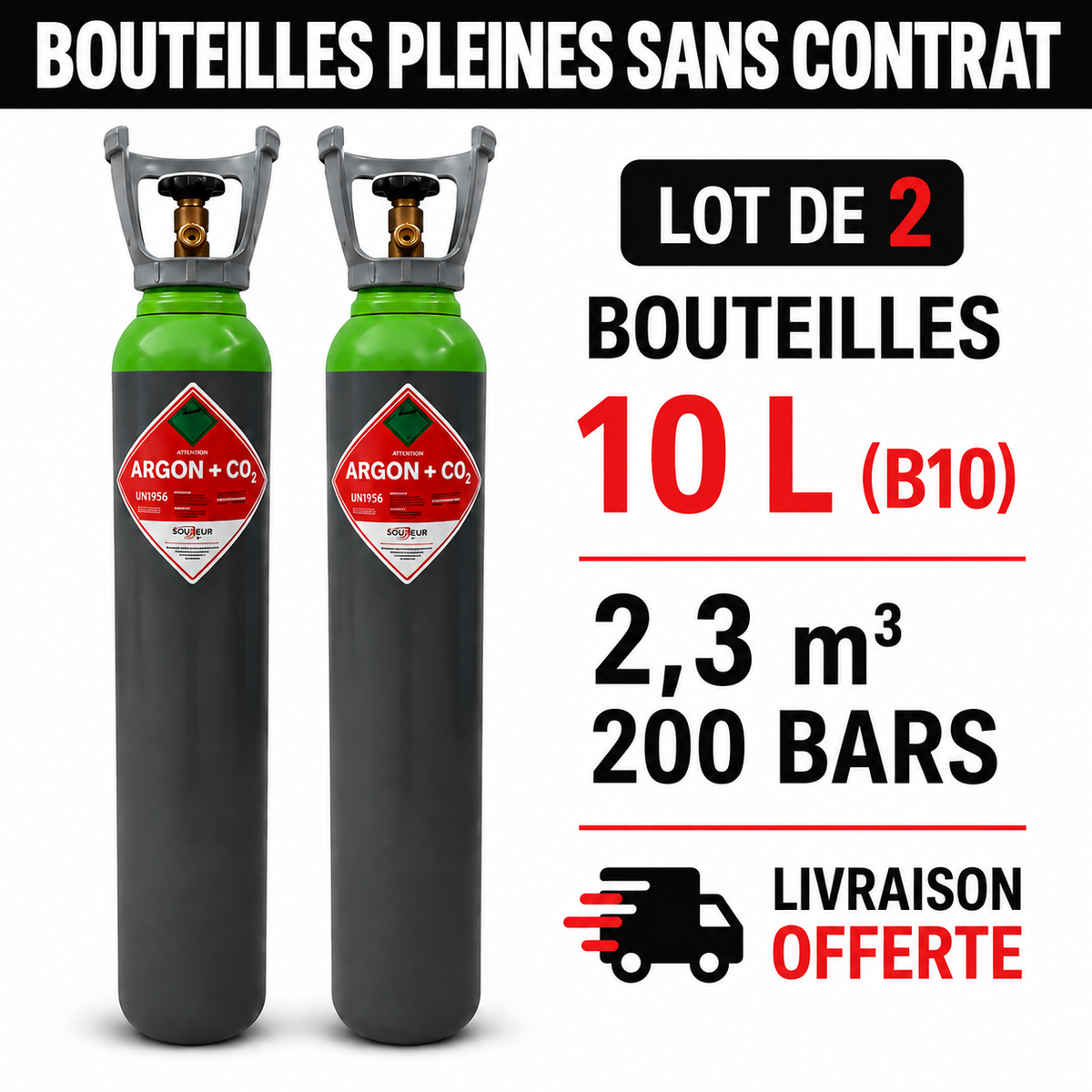 Lot de 2 bouteilles pleine  d’Argon/CO2 15% - 10 L (200Bars), soit 4,6 m³ de gaz au total - Transport OFFERT
