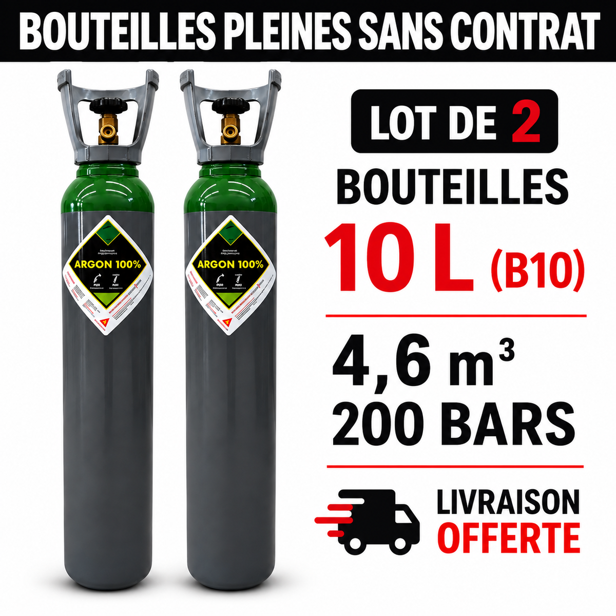 Lot de 2 bouteilles pleine  d’Argon pur 10 L (200Bars), soit 4,6 m³ de gaz au total - Transport OFFERT