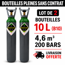 Lot de 2 bouteilles pleine  d’Argon pur 10 L (200Bars), soit 4,6 m³ de gaz au total - Transport OFFERT