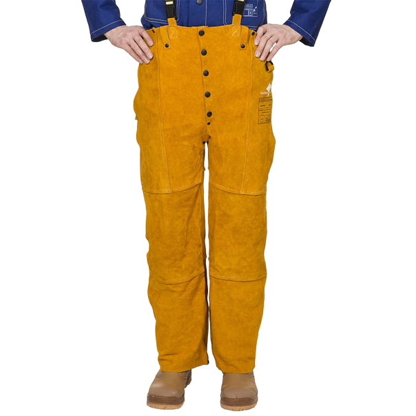 Pantalon de soudage jaune en cuir croûte bovin