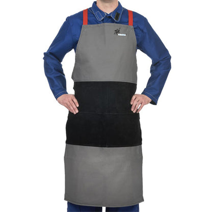 Tablier de soudage gris en coton ignifugé renforcé avec cuir noir