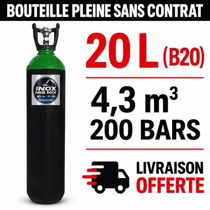 Bouteille Gaz de soudure pleine  Argon/CO2 (2% de CO2 pour soudure INOX) Sans Contrat B20 4,3m³ - Rechargeable Livraison Offerte
