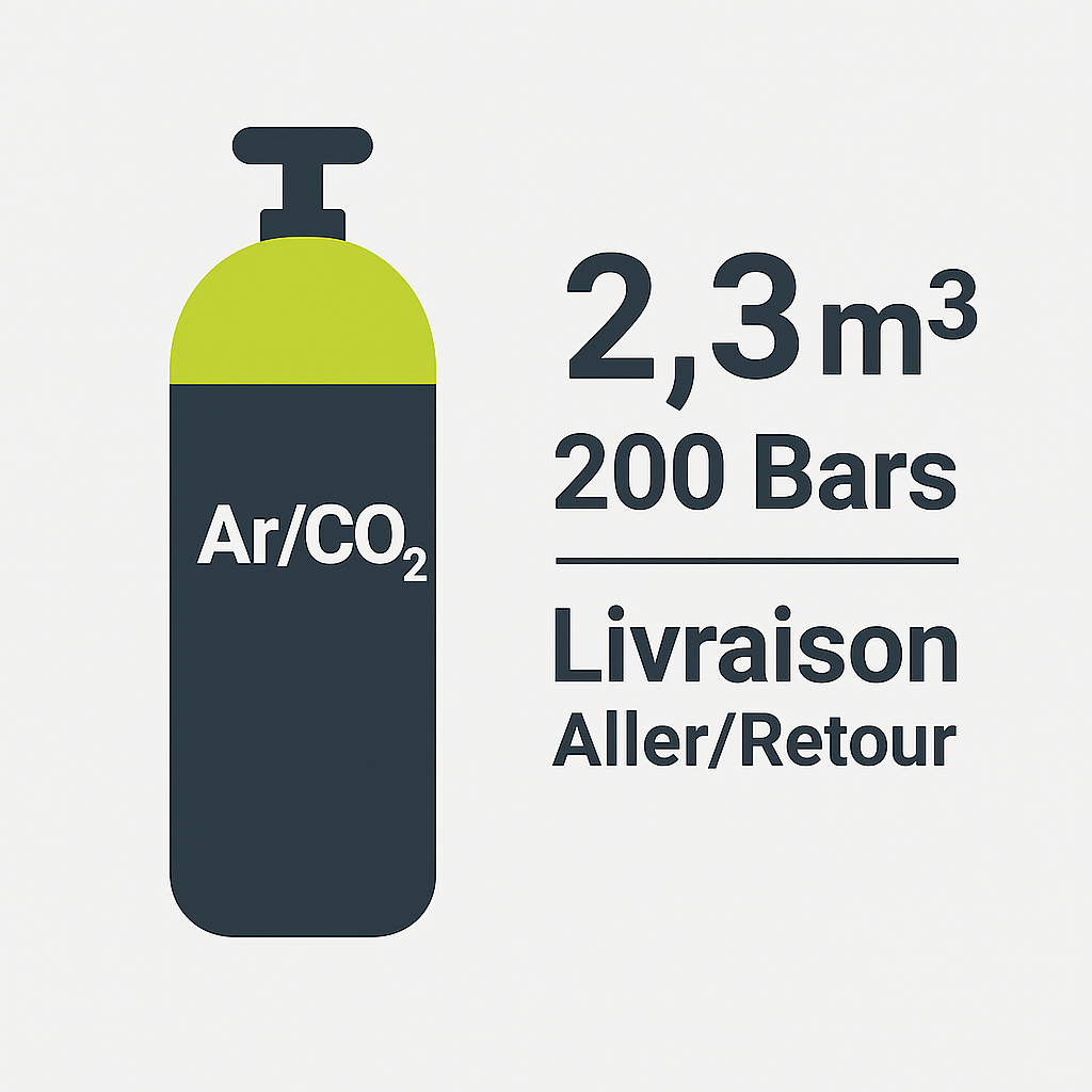 Recharge Gaz ARGON / CO₂ – 15 % – 2,3 m³ – 200 BARS – Taille B10