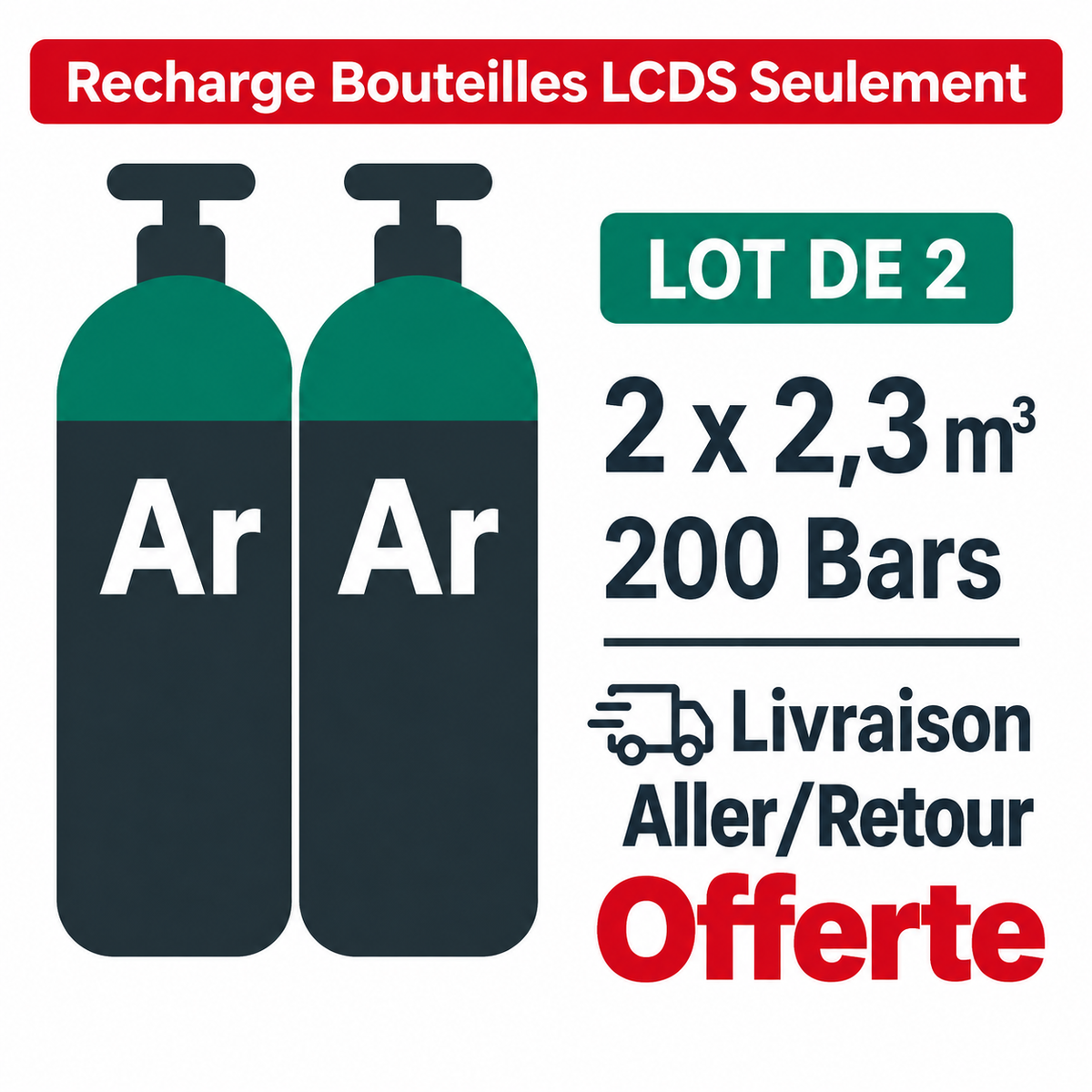 Recharger mon lot de 2 bouteilles LCDS B10 ou 1 bouteille B20 Gaz de soudure Argon, 2.3 m³ - Transport A/R inclus