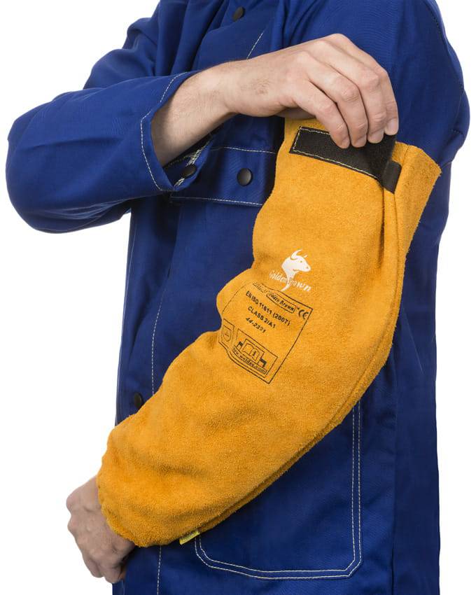 Weldas Golden Brown™ Manchettes de soudage en cuir fendu de vache (paire) (épaule 34-47 cm) - Le Comptoir du Soudeur