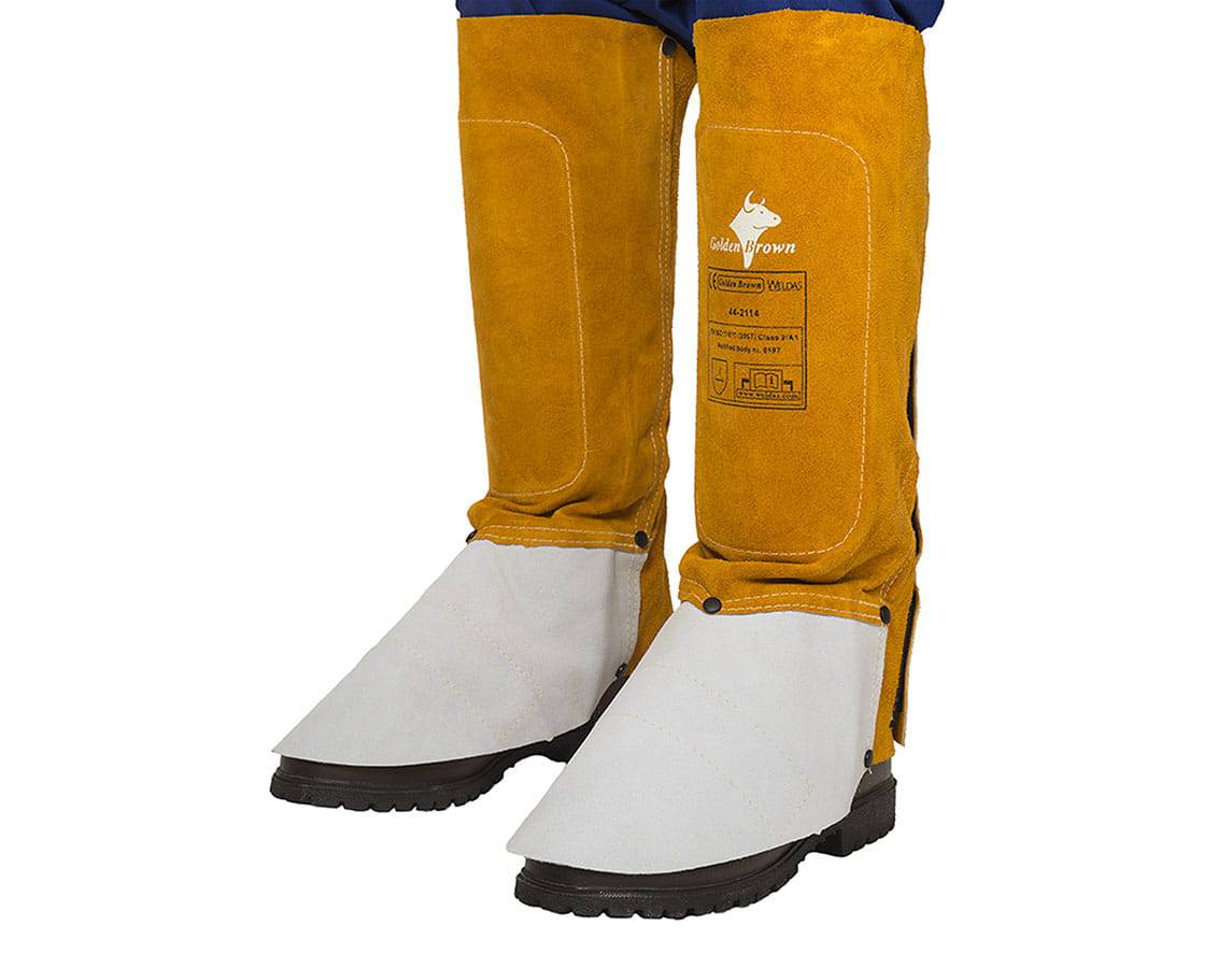 Weldas Golden Brown™ Protège-jambes de soudage en cuir avec coussin fendu en cuir de vache (paire), 36 cm L - Le Comptoir du Soudeur